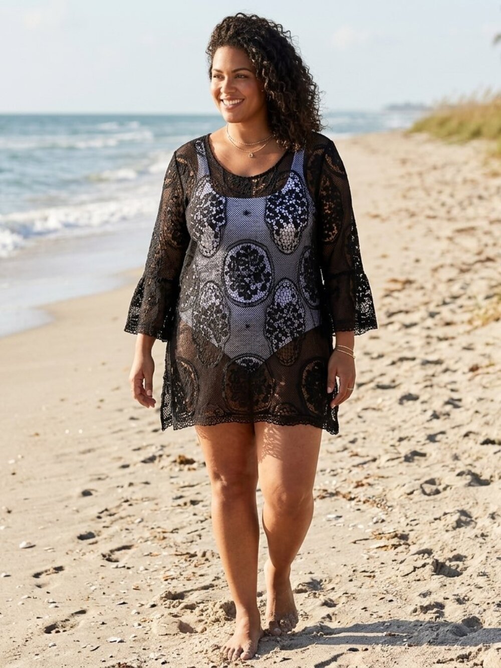 CATHERINES Crochet Lace Mesh See-Through Overlay Top Blouse Black Women Plus 1X